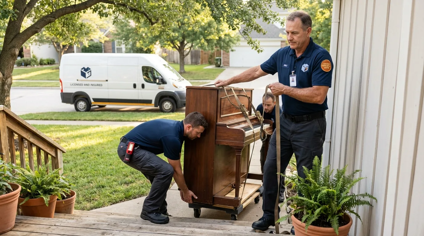 Licensed piano movers securing grand piano in Clinton, MI