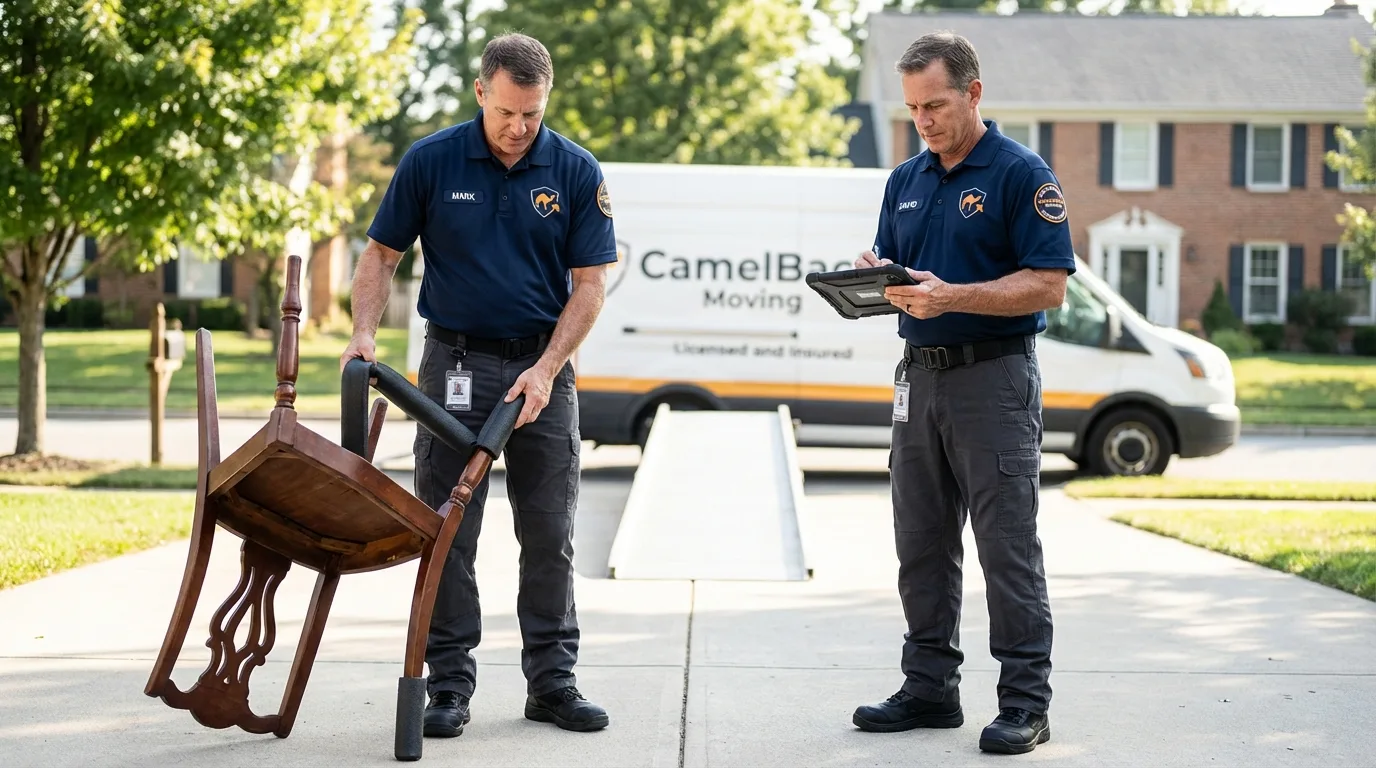 Movers inspecting furniture for damage prevention before loading in Clinton, MI