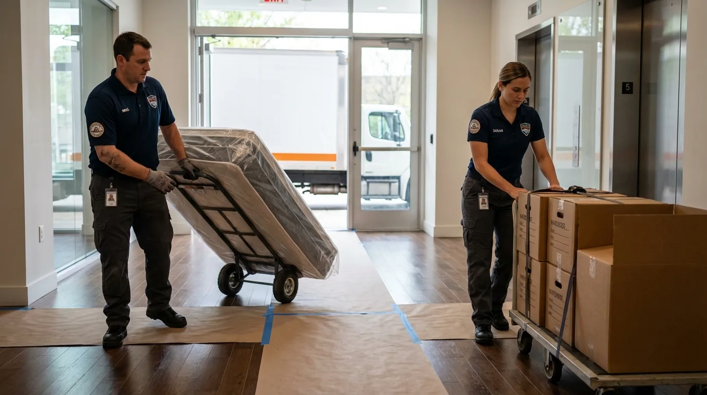 Professional apartment movers loading elevator in Clinton, MI